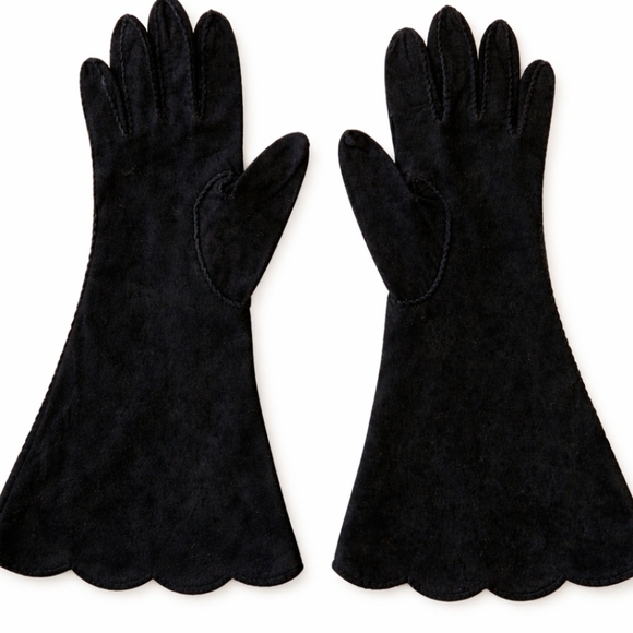 Juliette Accessories - Vintage Juliette Black Suede Opera Gloves Scalloped Edge Formal Evening 6.5